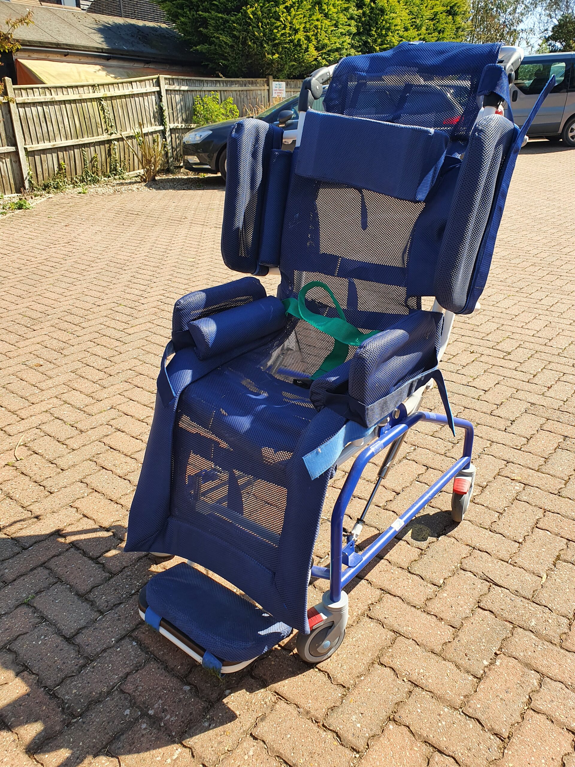 Shower Chair, Blue Mesh in upright position